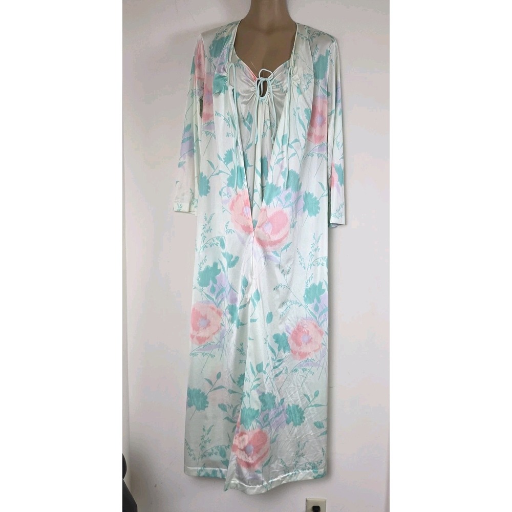 Vtg Lorraine Peignoir Set Size L Watercolor Pastel Floral Gown & Robe